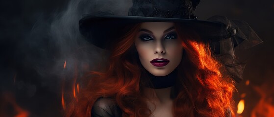 Close-up of a red-haired witch with striking eyes and deep red lipstick, framed by a dark, smoky background with hints of fire. Her intense gaze and voluminous curls create a mysterious presence