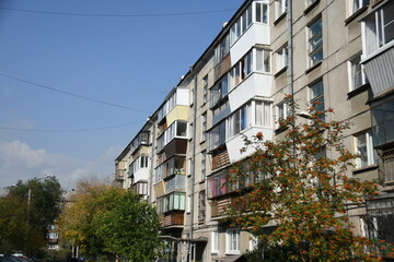 Cityscape of Russia. Panel house of the Soviet Union, old architecture of the building in the brutalism style