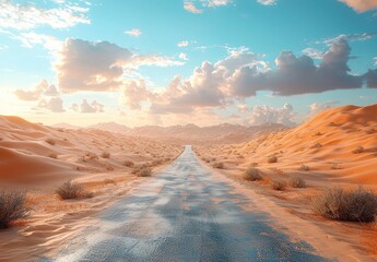Desert road leading through sand dunes under a vibrant sky with clouds and mountains in the distance Generative AI