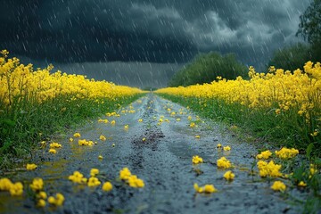 Dirt road through yellow flower field under dark stormy sky with heavy rain creating a dramatic rural landscape Generative AI