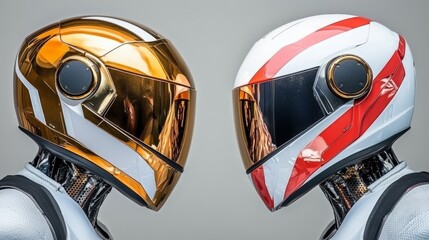 Fototapeta premium Gold and Red and White Motorcycle Helmets Close Up on Abstract Background, Detailed 3D Render