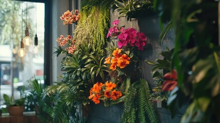 Vertical garden display with succulents, ferns, and bright tropical flowers in a modern interior setting.