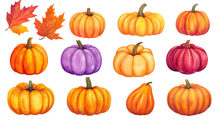 Obraz premium Ripe Colorful Pumpkin Set in Watercolor Clipart