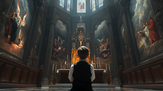 A young boy of European descent, kneeling at the altar with his hands together, praying fervently. The grand architecture of the church towers above him, with large paintings of sa