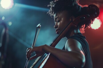 Fototapeta premium A cellist deeply immersed in performance, highlighted under dramatic stage lighting, exudes intensity and passion.
