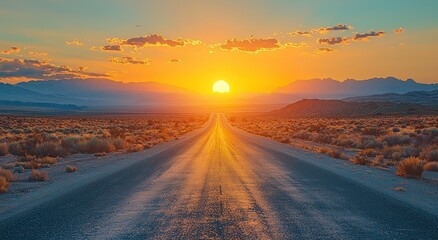 Long road stretching through a valley at sunset with vibrant sky and distant mountains in the background Generative AI