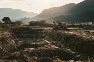 Naklejka premium A lone excavator stands amidst a sunlit valley, symbolizing development and human impact on nature's serene landscape.