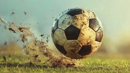 Naklejka premium A soccer ball being kicked mid-motion, capturing the dynamic movement of the game, perfect for promoting sports competitions and fitness