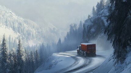 Winter scenery with a truck navigating a steep, snowy road on a foggy mountain morning.
