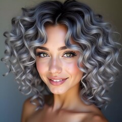Fototapeta premium A striking close-up reveals luscious gray ash curls, glistening with shine. The soft waves cascade elegantly, highlighting the hair's texture and beauty in gentle natural light. Generative AI