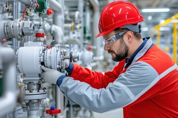 Engineer in a hard hat inspecting machinery in a modern industrial environment.