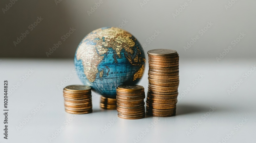 Poster world globe with stacked coins arranged around it, emphasizing environmental growth on a plain white
