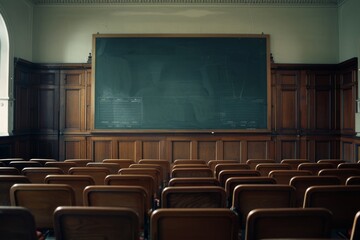 An empty lecture hall with rows of wooden chairs faces a large chalkboard, symbolizing readiness for learning and potential.