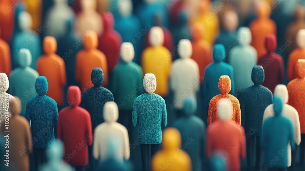 Poster a vibrant array of figurines representing a diverse crowd, emphasizing individuality amid uniformity