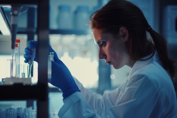 A focused scientist in a laboratory examines a test tube under soft light, dedicating to her research work.