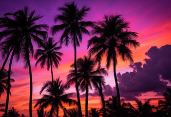striking vibrant silhouettes palm trees beautifully colorful dusk sky, beach, horizon, tropical, sunset, orange, blue, pink, green, nature, outdoor