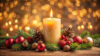Festive Christmas candle with ornaments and warm bokeh background high angle