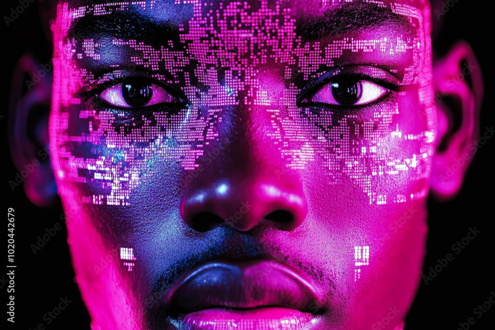 Poster face adorned with vibrant pixel patterns shining vividly, representing a fusion of digital artistry 
