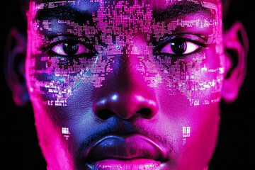 Face adorned with vibrant pixel patterns shining vividly, representing a fusion of digital artistry and human identity exploration.