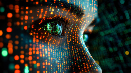 A close view of a woman's face with dotted digital patterns reflecting technology in modern human interaction.