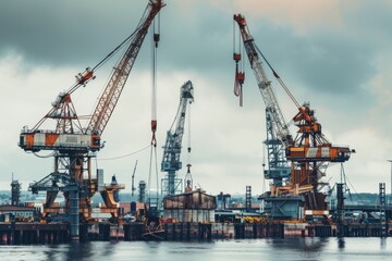 Towering cranes loom over a busy shipping port, their massive structures silhouetted against a cloudy sky, emphasizing the strength of industry.