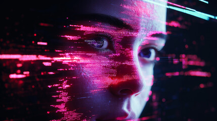 A close-up of a mysterious face intertwined with vibrant pink digital glitch, symbolizing technology and identity fusion.
