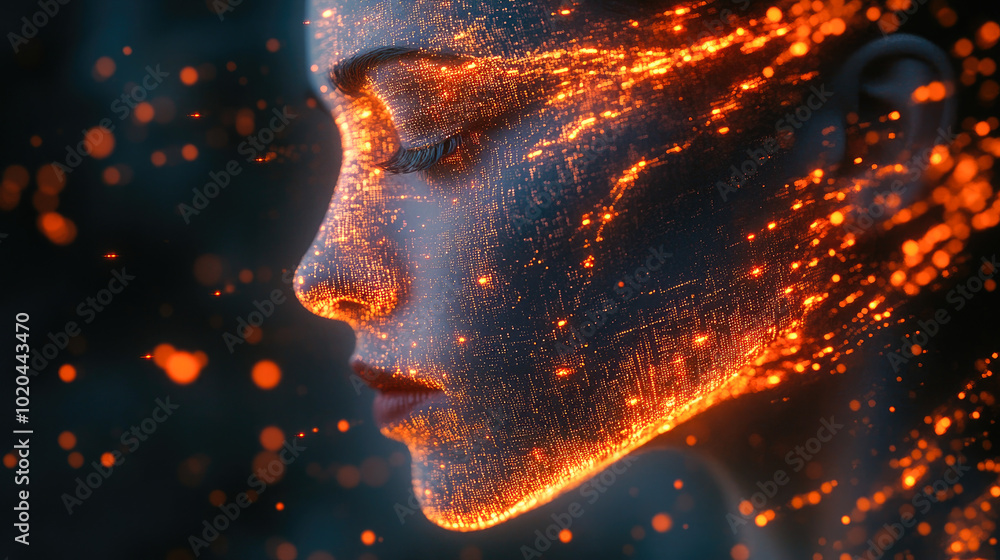 Poster a female profile in darkness adorned with an array of glowing orange dots and lines, creating a futu