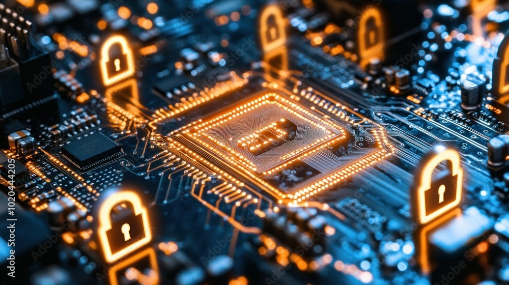Poster illuminated circuit board with padlocks representing cyber security