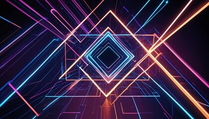 A vibrant abstract scene of radiant glowing lines forming geometric shapes, set against a dynamic technology backdrop that captures the spirit of innovation and the digital age, Generative AI