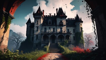 Obraz premium A sinister painting of a haunted mansion featuring a spooky Dracula castle, with creeping vines and shattered windows that evoke a sense of decay and abandonment, Generative AI