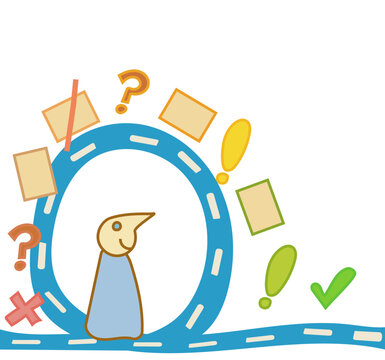 A male cartoon character walking a road making a loop in the air, surrounded by symbols, towards a green checkmark. Concept of non-linear thinking and improving. Vector drawing. 