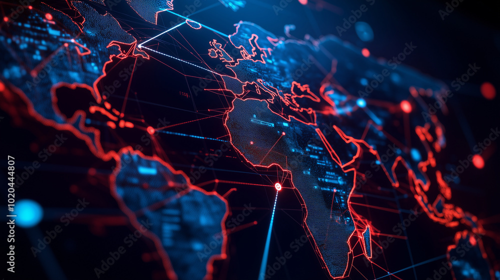 Poster a world map in geometric low-poly style, with vibrant, glowing lines running between continents. flo