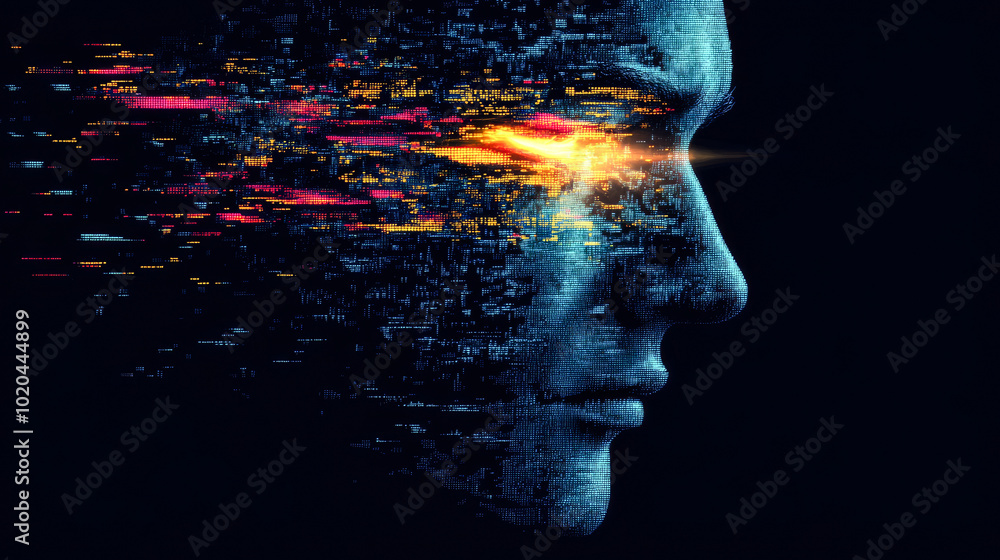 Aufkleber an intriguing digital representation of a human profile with burst of colors, representing the inter