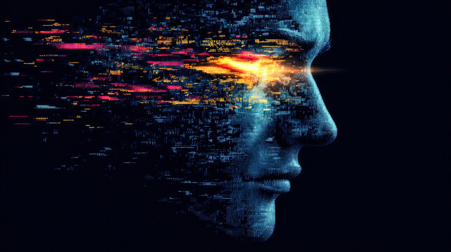 An intriguing digital representation of a human profile with burst of colors, representing the intersection of light and technology.