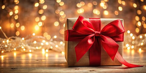 Festive Christmas gift with large red bow and holiday lights, medium shot