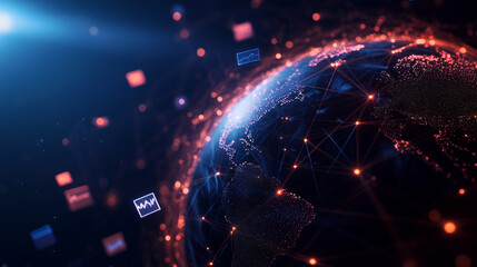 Obraz premium A geometric sphere representing the earth, constructed from sharp, glowing lines and shapes. Around it, floating symbols for networking, business, and technology radiate outward, e