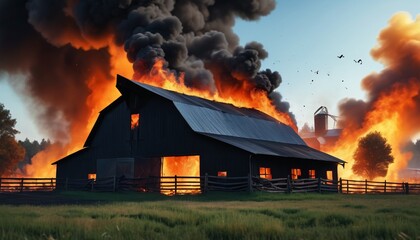 A dramatic illustration of a barn engulfed in flames, with thick black smoke billowing into the sky, capturing the chaos and urgency of a farm fire as animals flee in the background, Generative AI