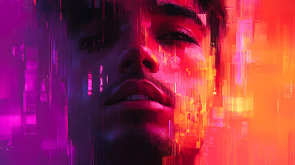 A digitally rendered face with pixel glitch effects and vibrant hues, blending modernity and emotion in striking portrait.