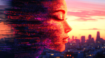 A profile face merged with digital code against cityscape at sunset, symbolizing technology's influence on humanity.