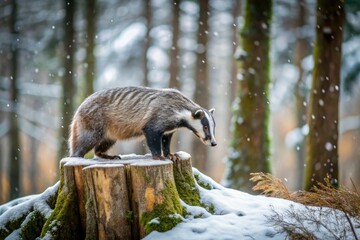 Naklejka premium A European badger forages for food in a snowy forest, revealing its natural habitat through captivating drone photography, showcasing the beauty of winter wildlife.