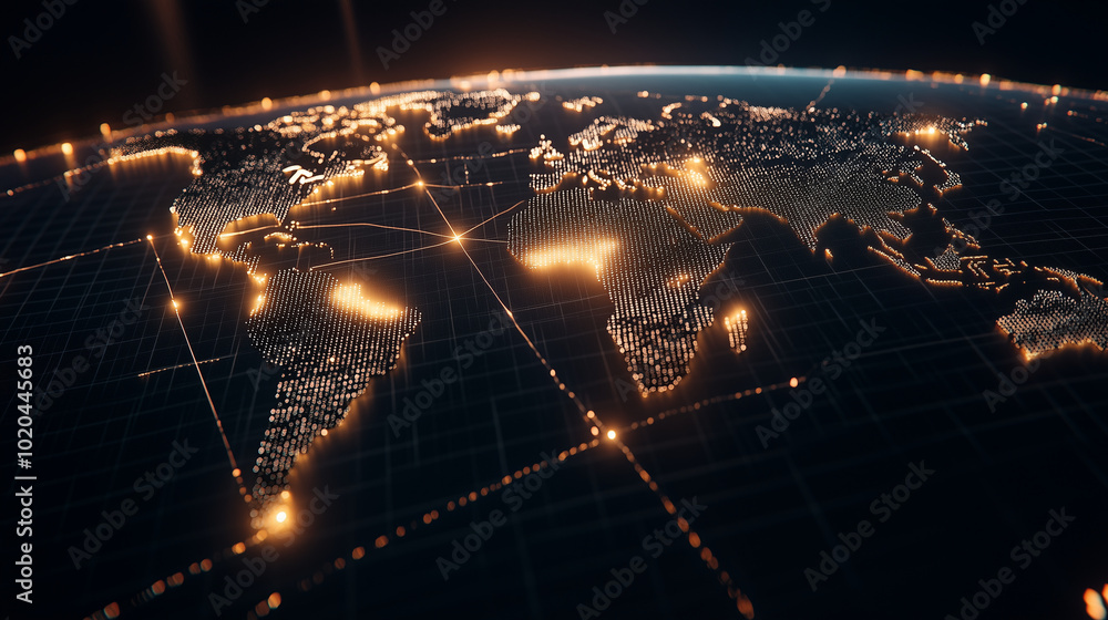 Poster a minimalist, abstract world map made of geometric polygons, where lines of light connect continents