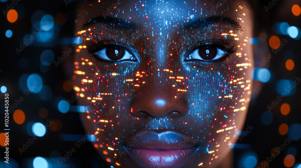 Poster a close-up of a face interwoven with glowing patterns signifies the harmony between humanity and cut
