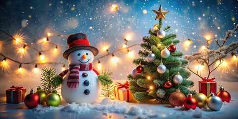 Festive Christmas scene with snowman, ornaments, tree, lights