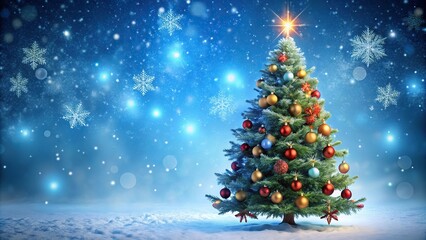 Festive Christmas scene with decorated tree and snowflakes in forced perspective