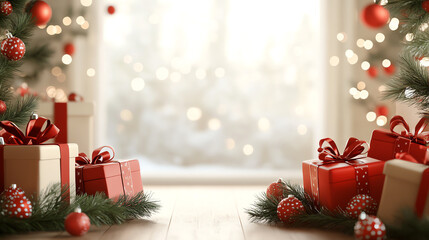Festive holiday scene with beautifully wrapped gifts under Christmas trees, creating a warm and inviting atmosphere.