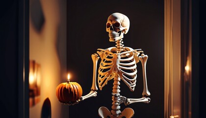 A bold Halloween horror poster portraying a skeleton holding a pumpkin alight with flickering candles, casting eerie shadows on the wall, creating a spine-chilling ambiance, Generative AI