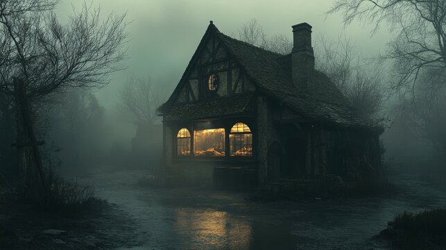 A Mysterious, Fog-Shrouded Cottage with a Lit "B?ffe" Sign