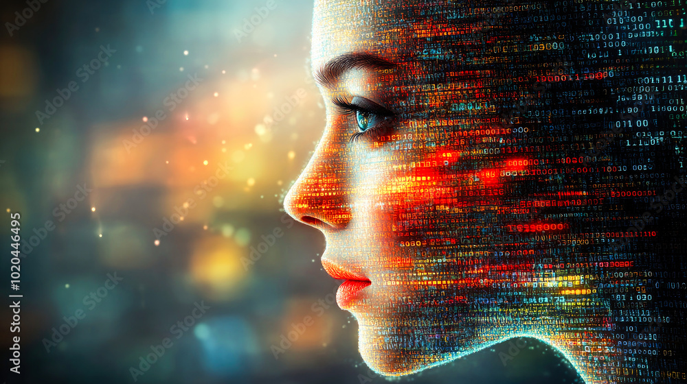Poster a woman's profile with vivid digital elements and binary code, symbolizing the fusion of technology 