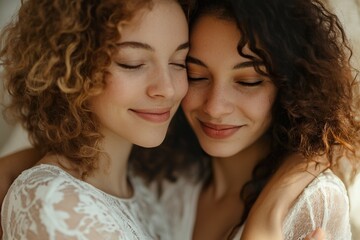 Obraz premium Close up of a lesbian couple embrace in a tender moment .