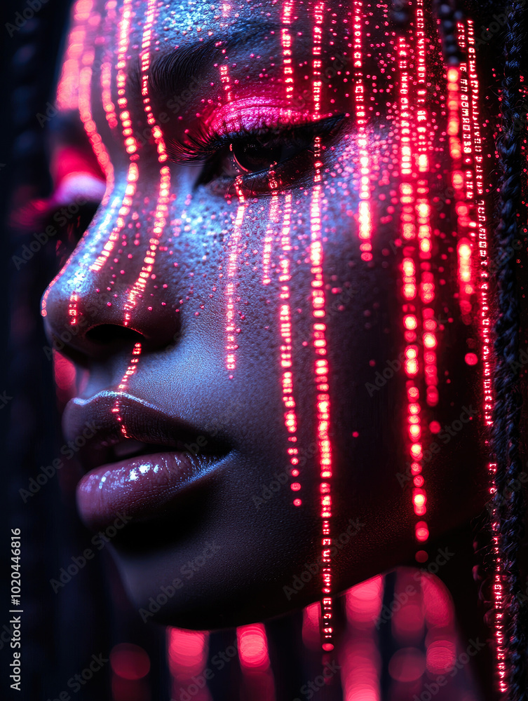 Poster a close-up of a woman's face illuminated by digital data streams, symbolizing the intersection of te